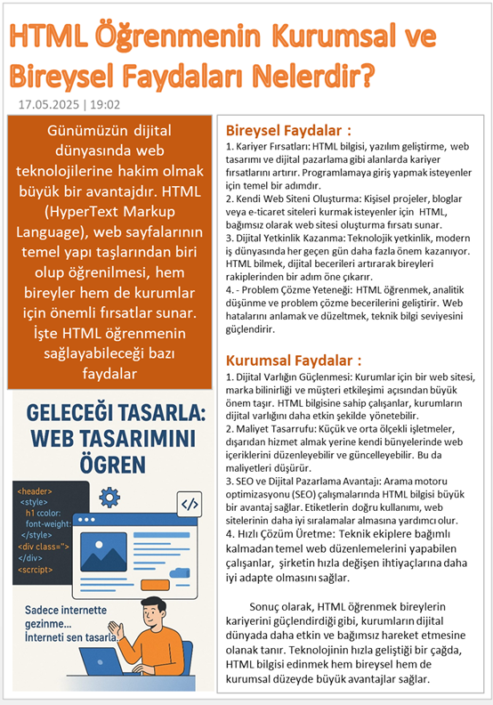 html öğrenmenin kurumsal ve bireysel faydaları nelerdir