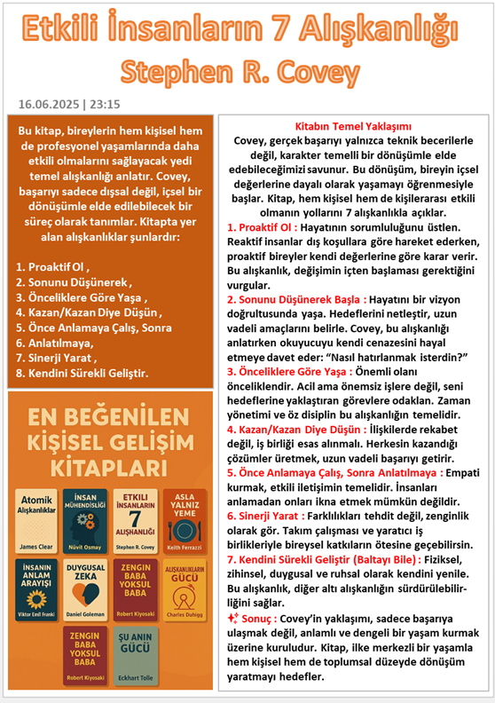 - Etkili İnsanların 7 Alışkanlığı – Stephen R. Covey, kitap özet
